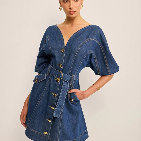 Commense Pocketed Belted Denim Dress Sz M - Picture 5 of 9